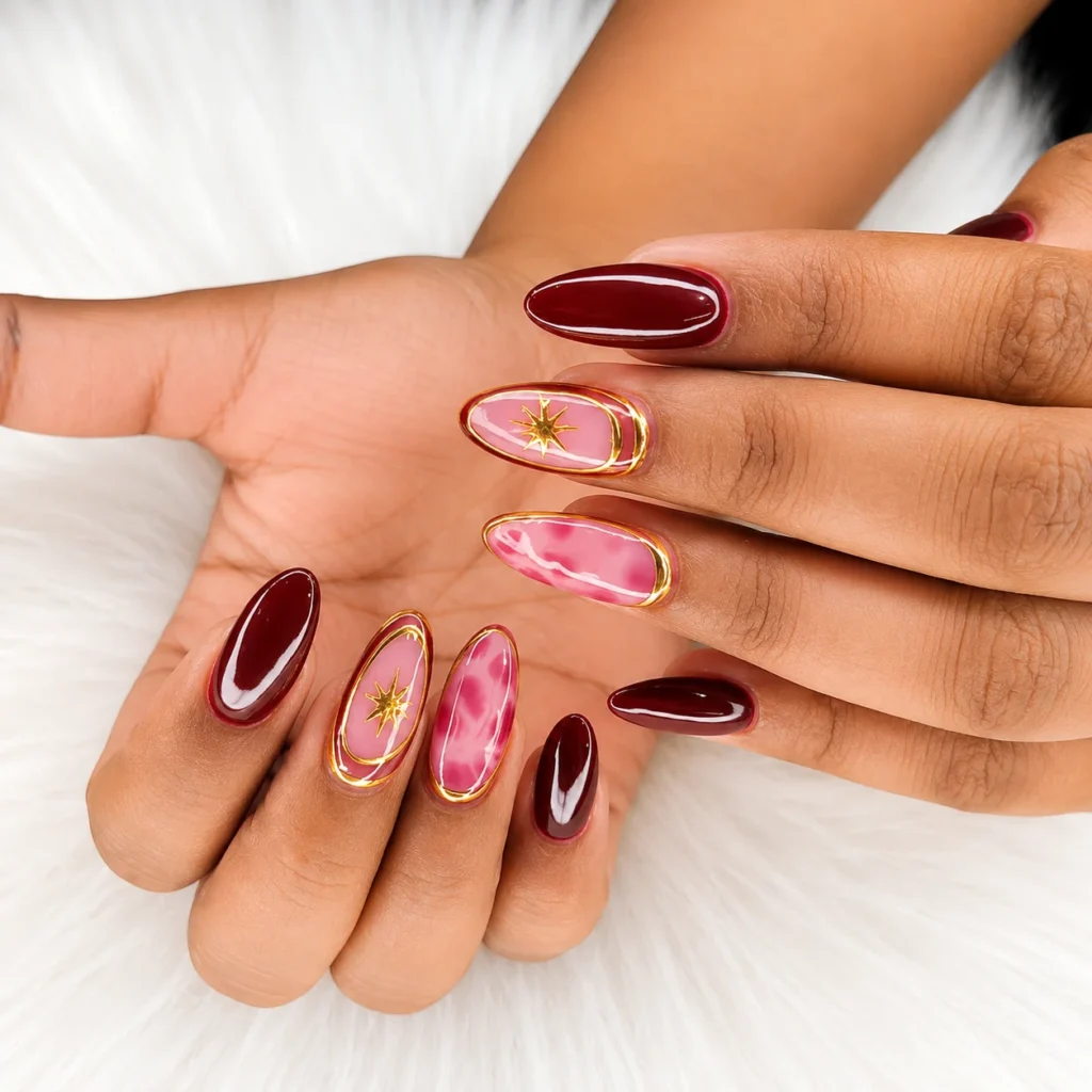 Manicure and burgundy nail polish treatment at The Golden Street Salon Hoshiarpur