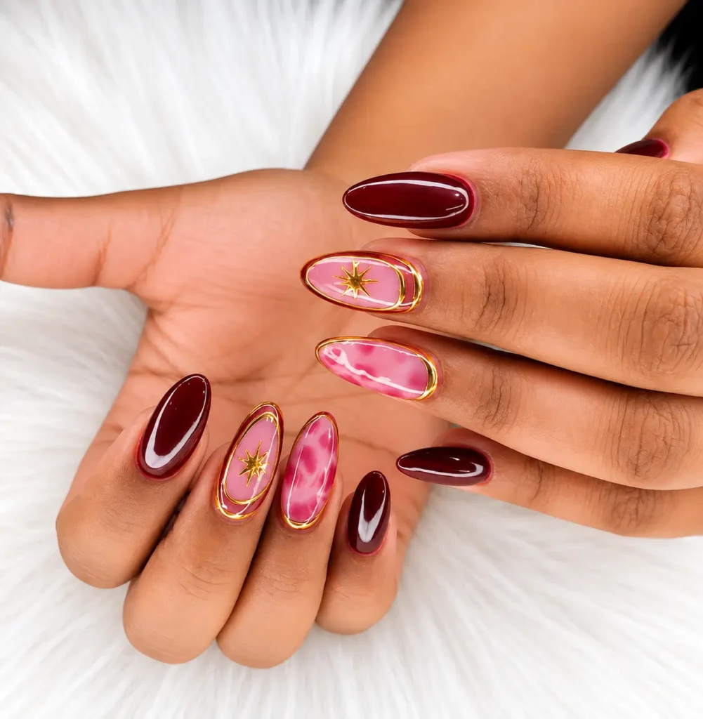 Trendy gel nail extensions and creative burgundy nail art at The Golden Street Salon Hoshiarpur